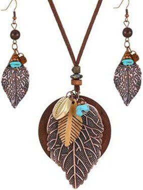 NEW Boho Leaf Pendant Necklace Earrings Set Brown Faux Leather Cord Wooden